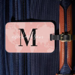 World Traveller Rose Gold Map Custom Monogram Name Luggage Tag<br><div class="desc">Travel the world in style! This modern luggage tag features a rose gold / blue pink map of the world background with black and white custom monogram that can be personalised with your first or last name and initial letter.</div>