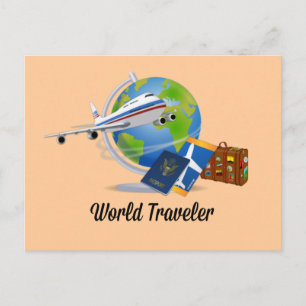 World Traveller. Suitcase, tickets and passport. Postcard