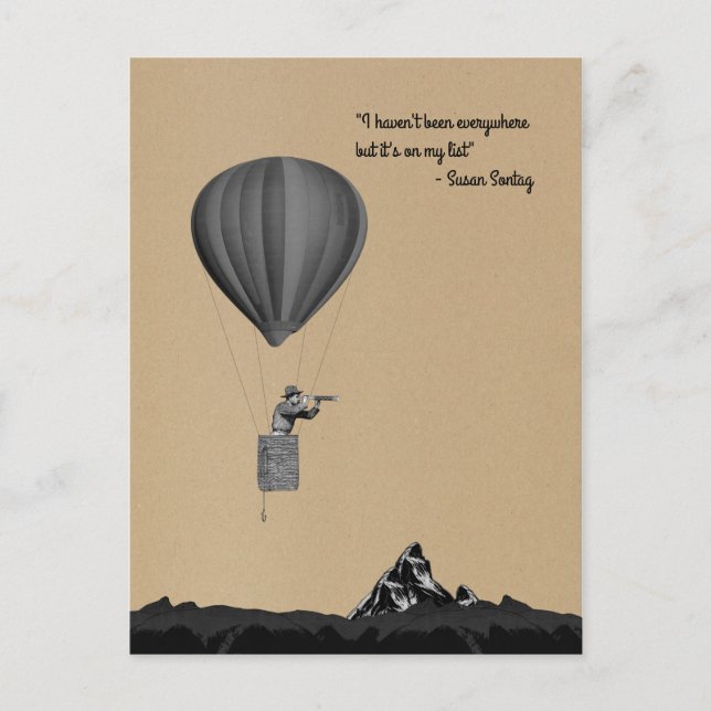 World traveller with hot air balloon and mountains postcard (Front)