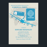 World Travels Farewell Party Invitation<br><div class="desc">A stylish farewell party invitation featuring a watermark map, an aeroplane, airline ticket and passport image. Well-suited for studies abroad, a new career relocation, or an extended stay out of the country. (FP) The card is easy to customise with your wording, font, font colour, paper shape options and choice of...</div>