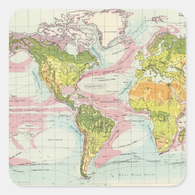 World vegetation & ocean currents Map Square Sticker (Front)