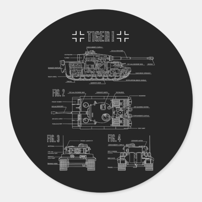 World War 2 German Tank Tiger I Engineering Bluepr Classic Round Sticker (Front)