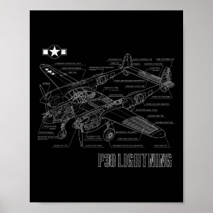 World War 2 P-38 Lightning Fighter Aeroplane Bluep Poster