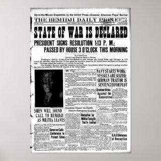 World War I declared - newspaper front page Poster