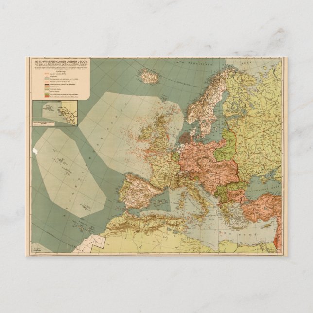 World War I German Submarine (U-Boat) Map (1918) Postcard (Front)