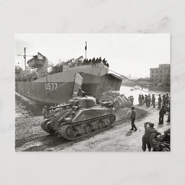 World War II  Sherman tanks disembarking in Anzio Postcard (Front)