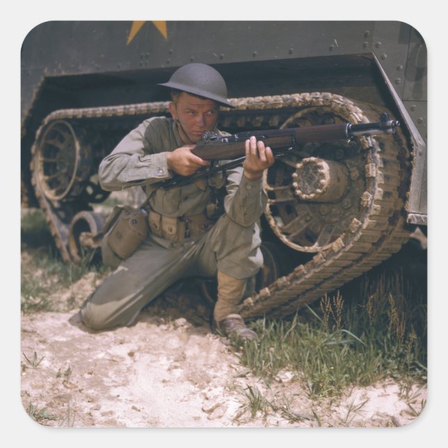 World War II Soldier Kneeling with Garand Rifle Square Sticker (Front)