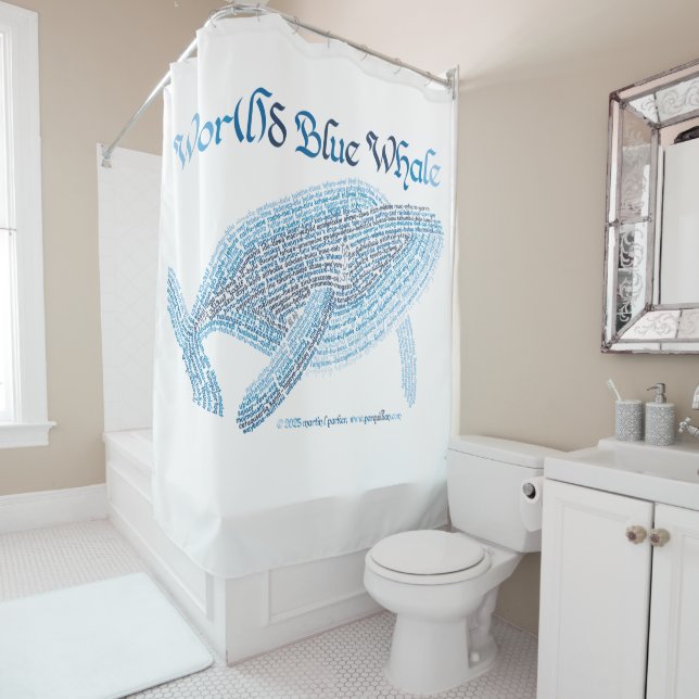World Word Blue Whale Shower Curtain (In Situ)