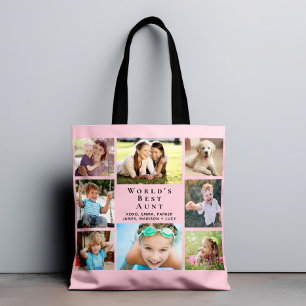 World's Best Aunt 8 Photo Collage Pink Tote Bag