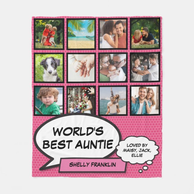 World's Best Aunt, Auntie 12 Photo Comic Pink Fun Fleece Blanket (Front)