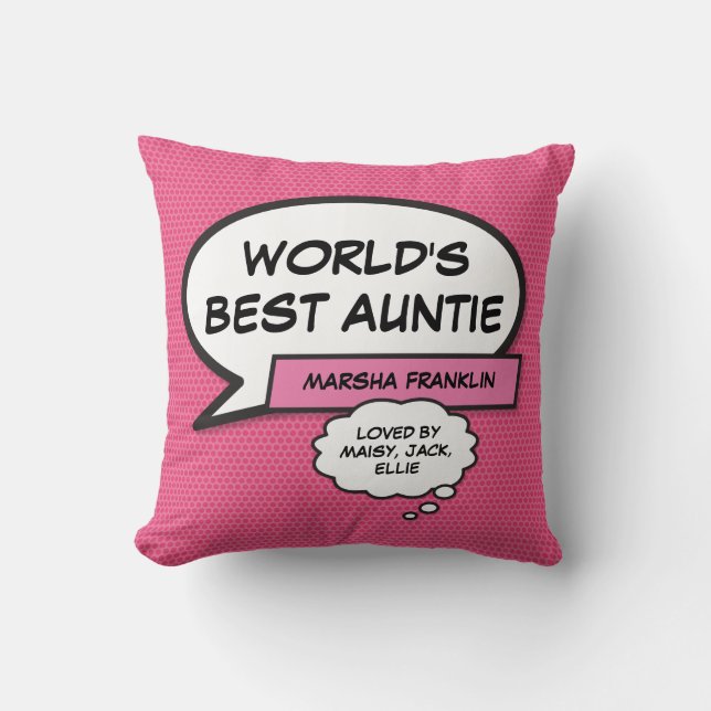 World's Best Aunt Auntie Cool Fun Comic Girly Pink Cushion (Front)