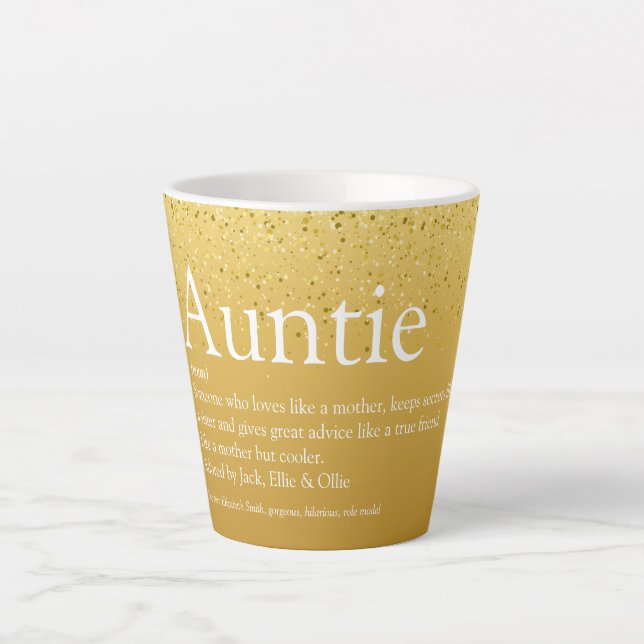 World's Best Aunt, Auntie Definition Gold Glitter Latte Mug (Front)