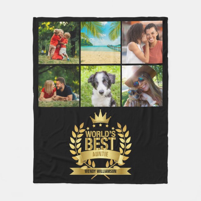 World's Best Aunt Auntie Photo Collage Gold Black Fleece Blanket (Front)