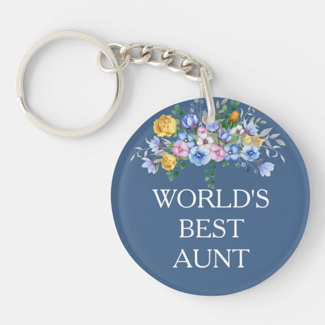 World's Best Aunt Blue Yellow Purple Flowers Key Ring (Front)