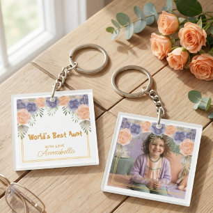 World's Best Aunt Photo Floral Gold Frame Key Ring