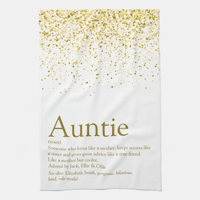 World's Best Auntie Aunt Definition Gold Glitter Tea Towel (Vertical)