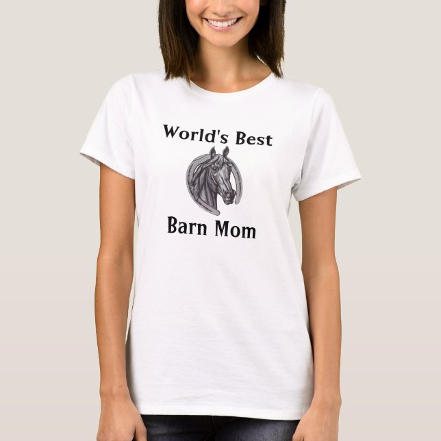 Worlds Best Barn Mum Sketch Black White Horse T-Shirt (Front)