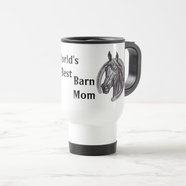 Worlds Best Barn Mum Sketch Black White Horse Travel Mug (Front Right)