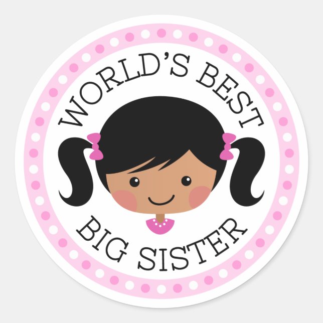 Worlds best big sister cartoon girl black hair classic round sticker (Front)