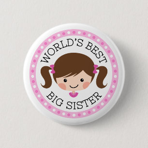 Worlds best big sister cartoon girl brown hair 6 cm round badge