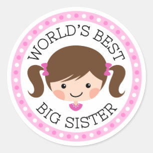 Worlds best big sister cartoon girl brown hair classic round sticker