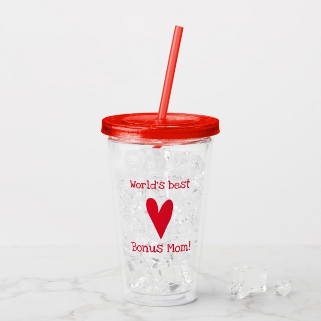 World's Best Bonus Mum! | Red Heart Mother's Day Acrylic Tumbler (Back Ice)