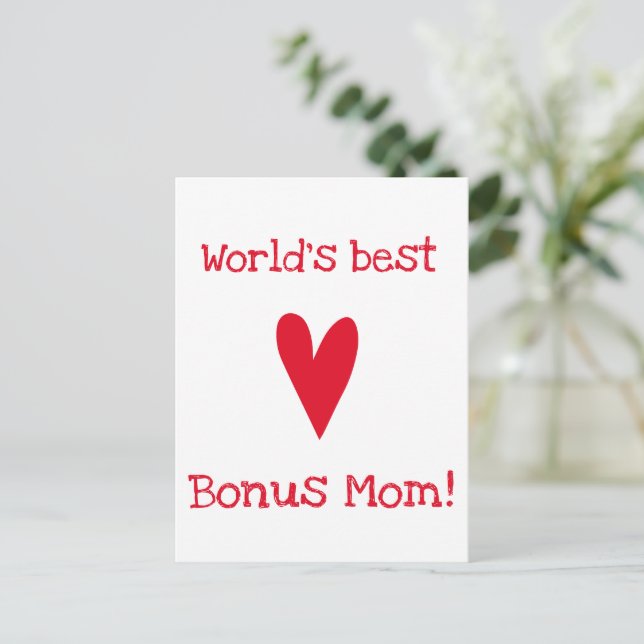 World's Best Bonus Mum! | Red Heart Mother's Day Postcard (Standing Front)
