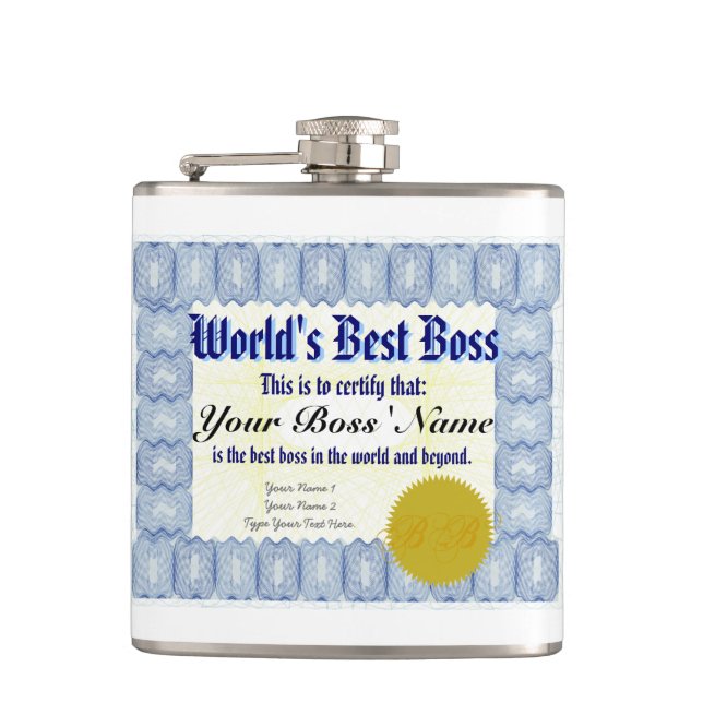 World's Best Boss Certificate Hip Flask (Front)
