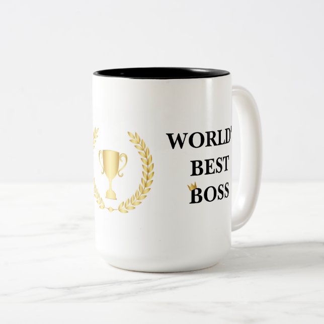 World's Best Boss Mug with Crown and Trophy Design (Front Right)
