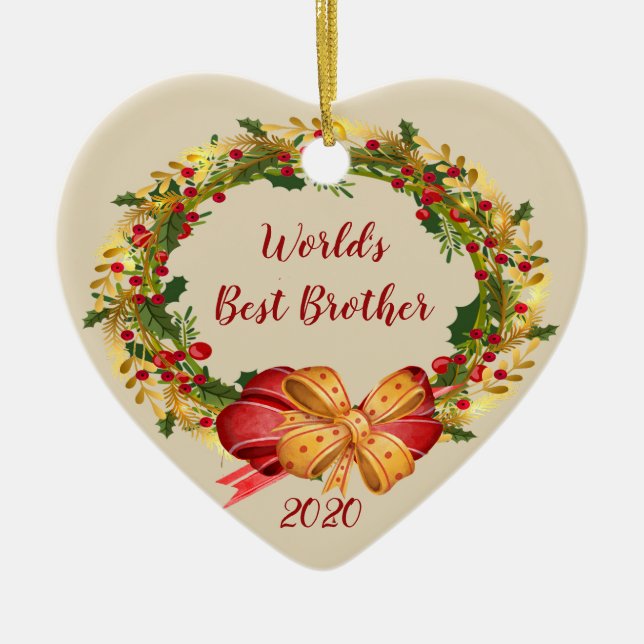 World's Best Brother Antique Wreath Christmas Ceramic Tree Decoration (Front)