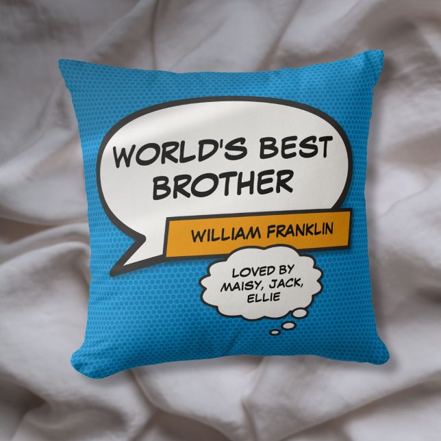 World's Best Brother Fun Comic Typographic Blue Cushion (World's Best Brother Fun Comic Typographic Blue Throw Pillow)