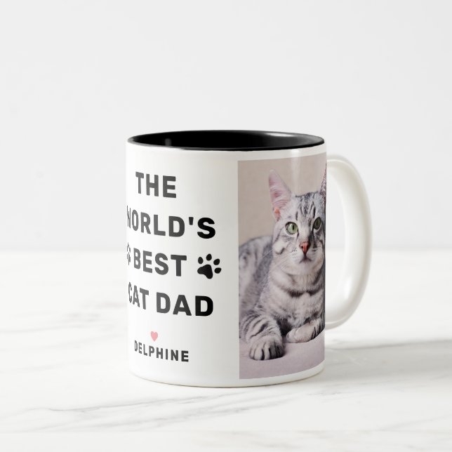 Worlds Best Cat Dad Black Two Photo Pet Lover Two-Tone Coffee Mug (Front Right)