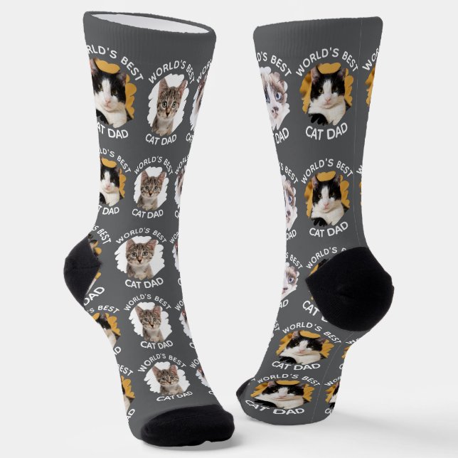 World's Best Cat Dad – Custom 3 Cat Photos Grey Socks (Angled)