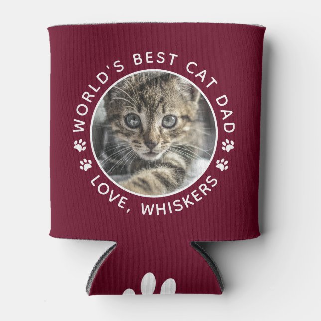 World's Best Cat Dad Paw Prints Custom Pet Photo Can Cooler (Front)