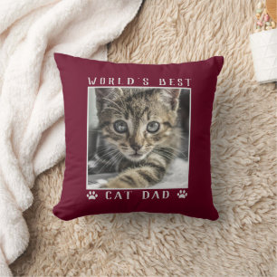 World's Best Cat Dad Paw Prints Pet Photo Burgundy Cushion