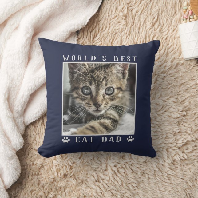 World's Best Cat Dad Paw Prints Pet Photo Navy Cushion (Blanket)