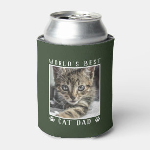 World's Best Cat Dad Paw Prints Pet Photo on Green Can Cooler