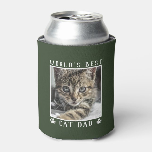 World's Best Cat Dad Paw Prints Pet Photo on Green Can Cooler (Can Front)