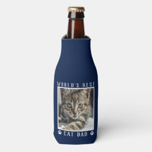 World's Best Cat Dad Paw Prints Pet Photo on Navy Bottle Cooler