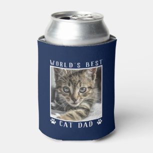 World's Best Cat Dad Paw Prints Pet Photo on Navy Can Cooler
