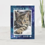 World's Best Cat Dad Photo Space Custom Birthday Card<br><div class="desc">Let him know he's the "World's Best Cat Dad" with this fun custom birthday card. Personalise this cute card with your precious cat's photo in the black and grey matte frame with paw prints over an outer space background. The inside reads "Happy Birthday to the best cad dad in the...</div>