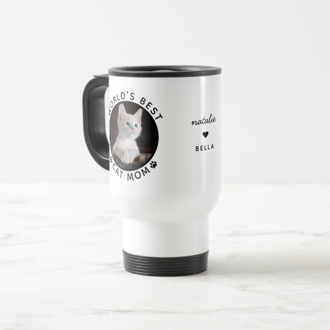 World's Best Cat Mum Custom Name Pet Photo Travel Mug (Front Left)