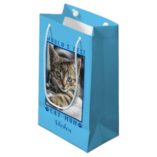 World's Best Cat Mum Paw Prints Pet Photo Blue Small Gift Bag