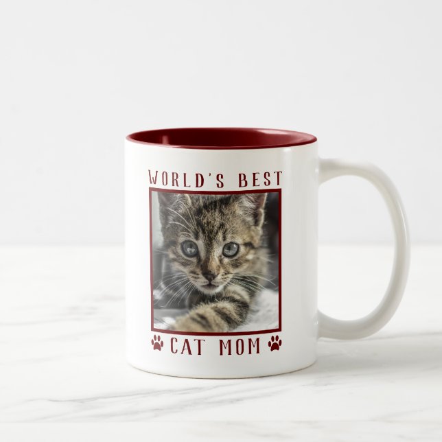 World's Best Cat Mum Paw Prints Pet Photo Burgundy Two-Tone Coffee Mug (Right)