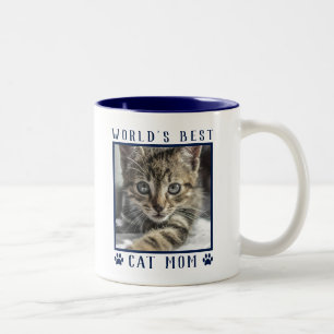 World's Best Cat Mum Paw Prints Pet Photo Navy Two-Tone Coffee Mug