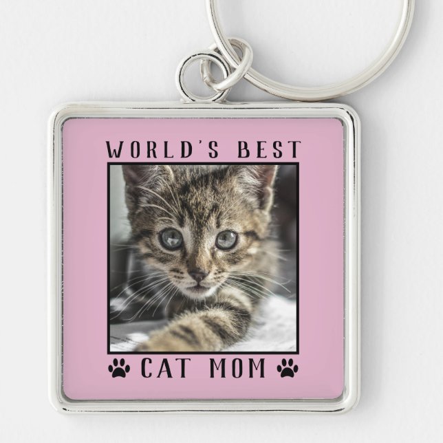 World's Best Cat Mum Paw Prints Pet Photo Pink Key Ring (Front)