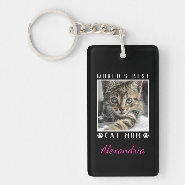 World's Best Cat Mum Paw Prints Photo Frame Black Key Ring (Front)