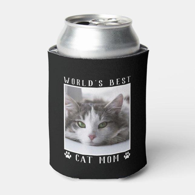 World's Best Cat Mum Paw Prints Photo on Black Can Cooler (Can Front)