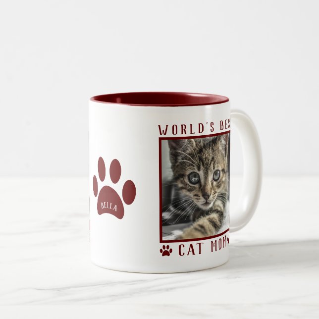 World's Best Cat Mum Photo Name Paw Prints Maroon Two-Tone Coffee Mug (Front Right)