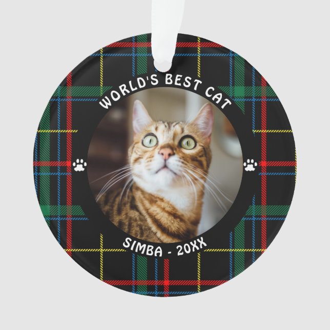 WORLD'S BEST CAT Plaid Name Year Ornament (Front)